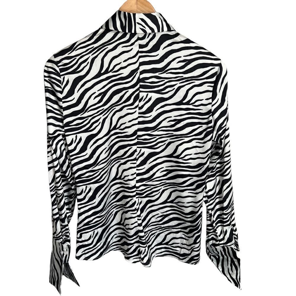 Boston Proper Zebra Print Satin Blouse Size 4 Black/White Cuffed Sleeve Top — image 7 of 8